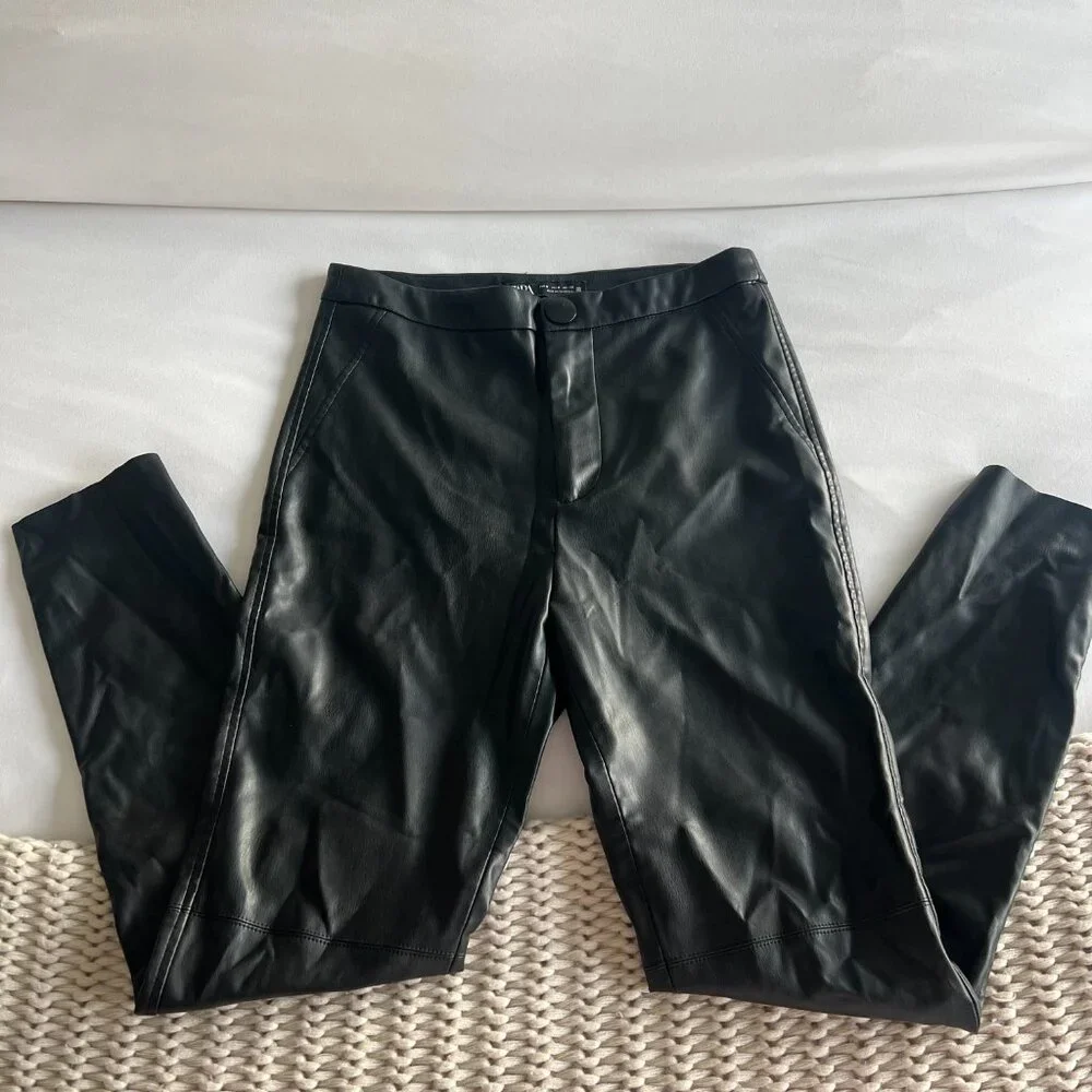 Zara Women's Skinny Black Faux Leather Pants with Ankle Zippers Medium - Picture 3 of 8